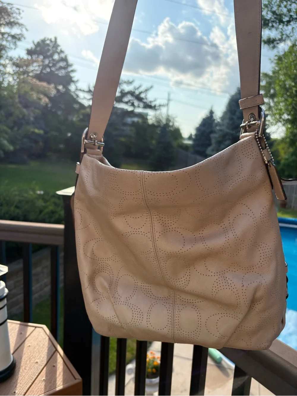 Coach Perforated Leather Shoulder Bag in Taupe